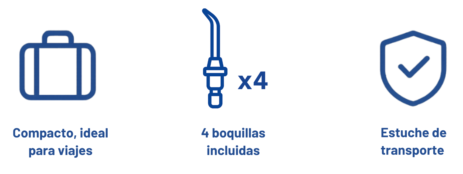 Compacto ideal para viajes · 4 boquillas incluidas · Estuche de transporte